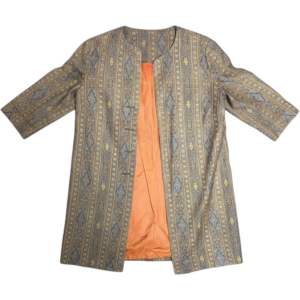 Vintage 60s Brocade Coat Gold Blue Geometric Damask Frog Toggle MCM Mid-Length